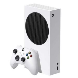 La console Xbox Series S et sa manette sur un fond blanc.