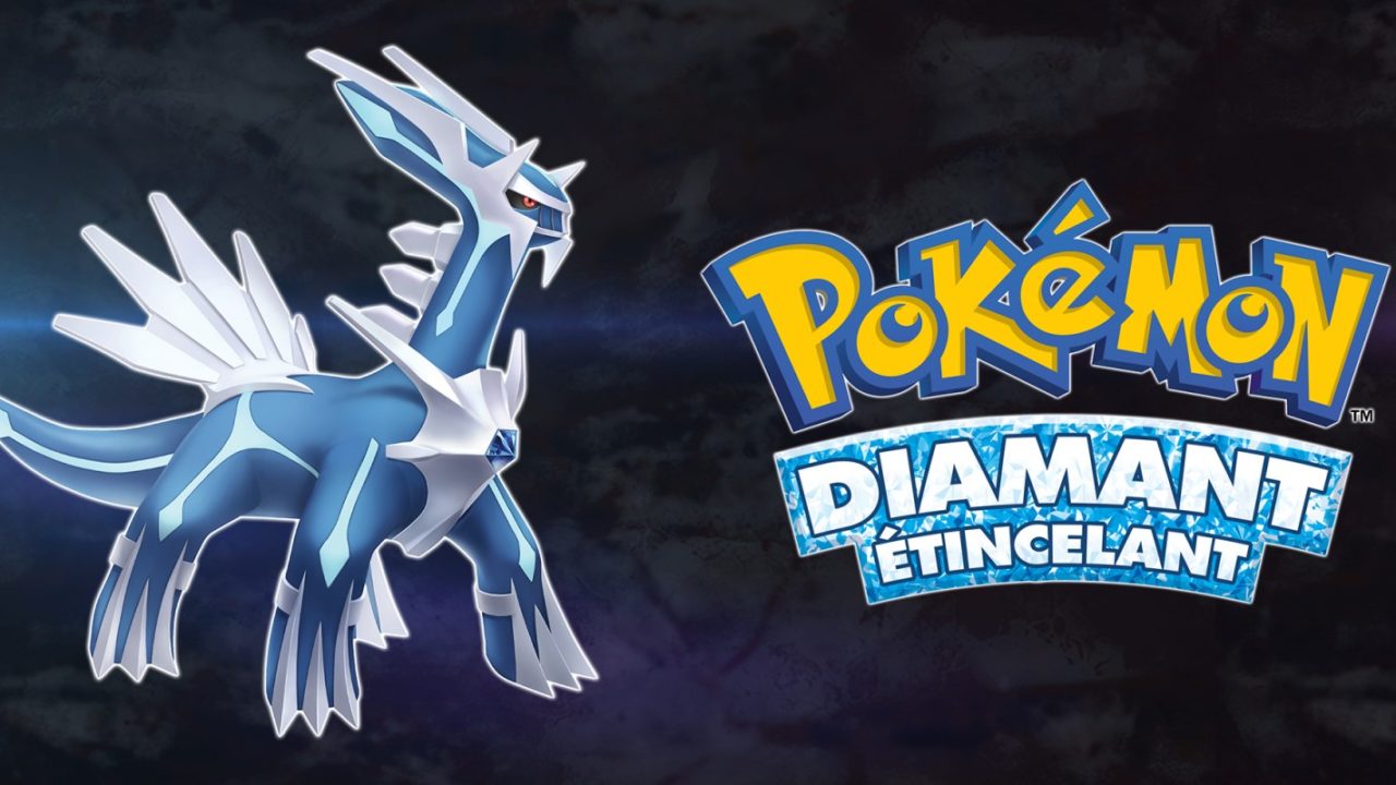 Le Pokémon légendaire Dialga, du jeu vidéo Pokémon Diamant sur un fond noir et le titre du jeu à droite de l'image.