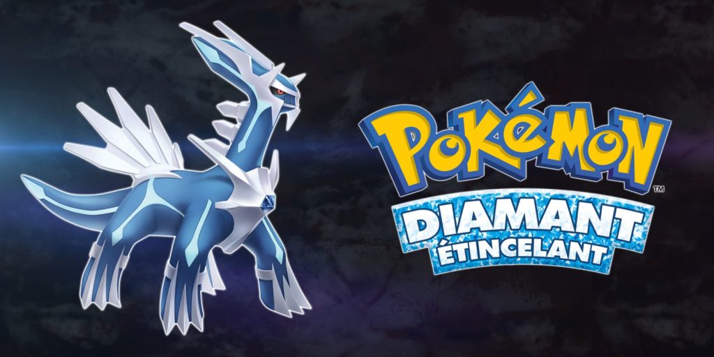 Dialga, le Pokémon légendaire du jeu vidéo Pokémon Diamant Étincelant se tient debout à gauche de l'image. À sa droite se trouve le titre du jeu.