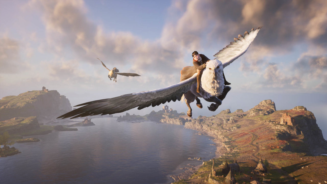 Un jeune sorcier effectue un vol à dos d'Hippogriffe au dessus d'une vaste étendue d'eau.