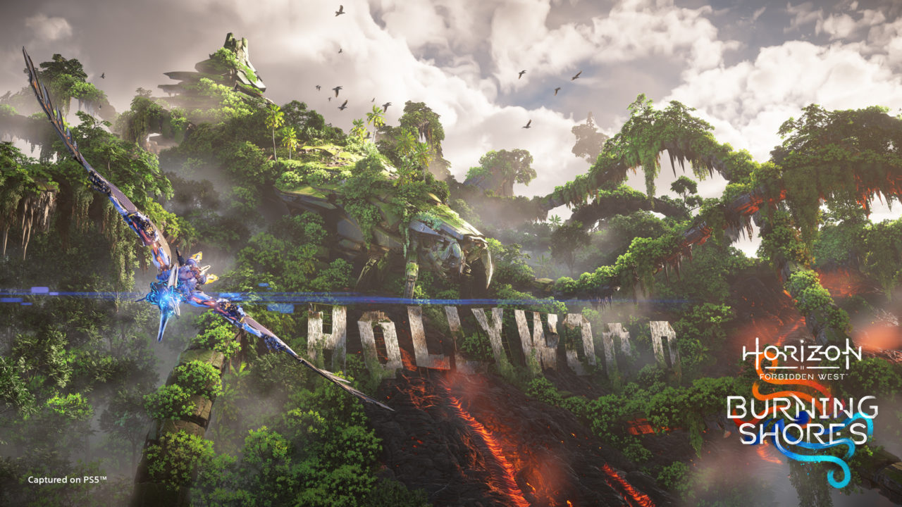 Image du jeu vidéo Horizon Forbidden West: Burning Shores. Le célèbre panneau Hollywood est recouvert de végétation.