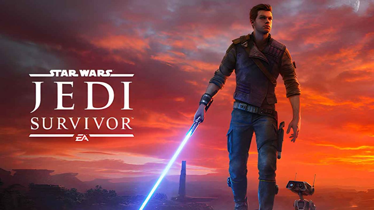 Visuel du jeu vidéo Star Wars Jedi: Survivor. Cal Kestis, le Jedi, tient un sabre laser à la main. Le droïde B-1 l'accompagne.