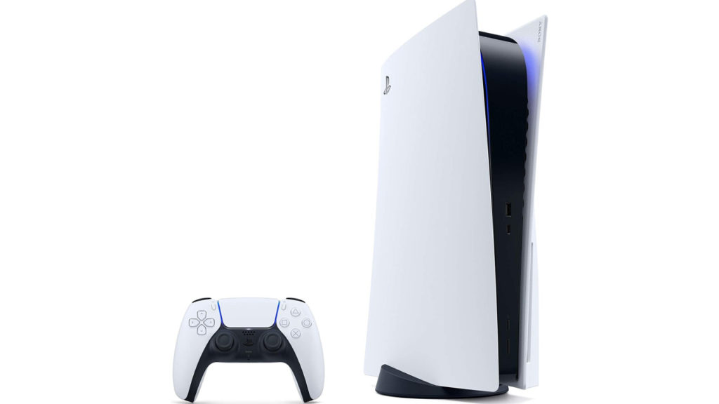 La console PS5 et sa manette sur un fond blanc, vu de face