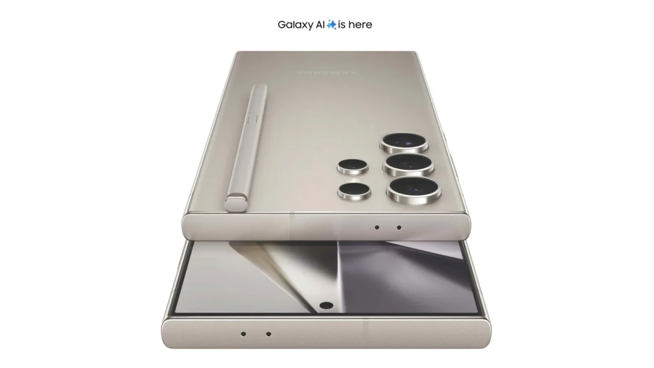 Image promotionnelle montrant le futur Samsung Galaxy S24 avec un texte d'introduction "Galaxy AI is here"