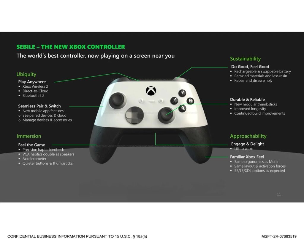 Image montrant la nouvelle manette Xbox portant le nom de code Sebile, avec ses caractéristiques.