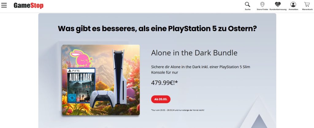 Capture d'écran du site Gamestop de l'allemagne, affichant la promotion prochaine de la PS5 Slim avec le jeu Alone in the Dark.