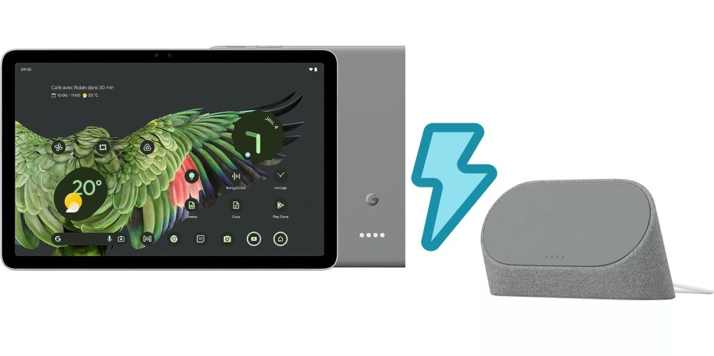Image affichant la tablette Google Pixel Tablet avec sa station de recharge séparés par une icône d'éclair
